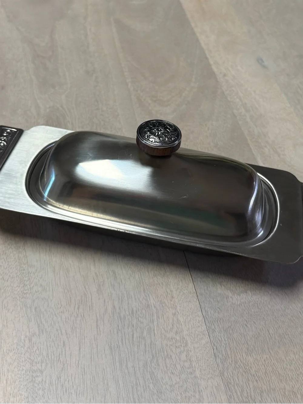 Vintage Mid-Century Stainless Steel Butter Dish with Glass Insert and Lid